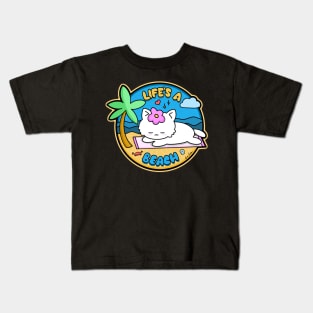 "Life's A Beach" Kawaii kitty sunbathing on a beach Kids T-Shirt